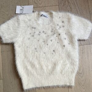 Zara Cream Fuzzy Sweater with Beaded Details